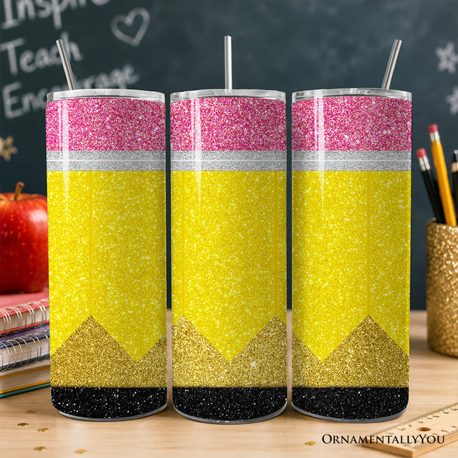 Glitter Pencil Design 20oz Personalized Tumbler With Lid and Stainless Steel Straw, School Teacher Gift Cup