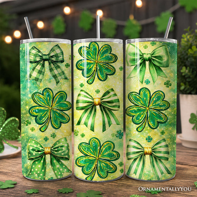 Green Shamrock Bow Pattern 20oz Personalized Tumbler With Lid and Stainless Steel Straw, Coquette St Patrick Gift Cup