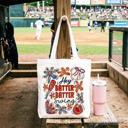 Hey Batter Batter Swing Tote Bag, Retro White and Natural Baseball Gift Shopper