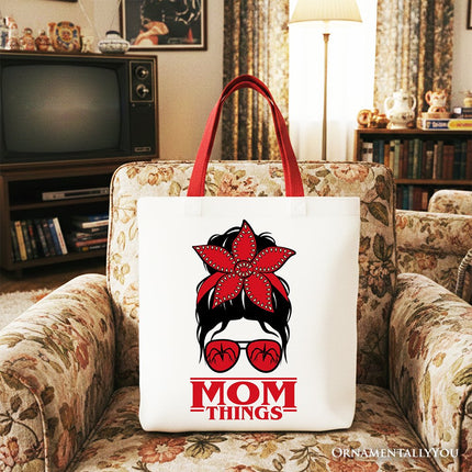 Mom Things Messy Bun Retro Canvas Tote Bag, Red Bandana Glasses Family Matching Gift Shopper