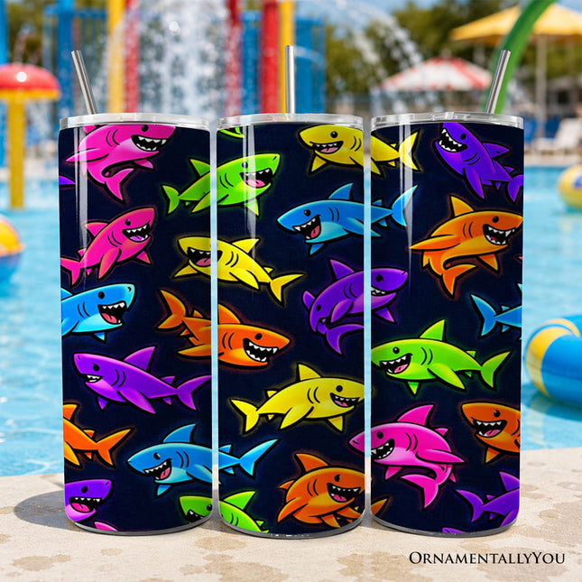 Neon Cartoon Shark Pattern 20oz Personalized Tumbler With Lid and Stainless Steel Straw, Kids Ocean Animal Gift Cup