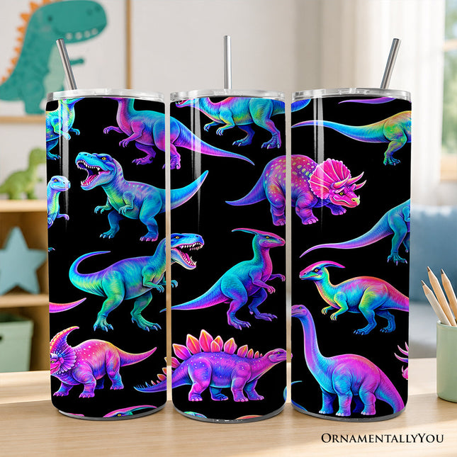 Neon Dinosaur Pattern 20oz Personalized Tumbler With Lid and Stainless Steel Straw, Colorful Prehistoric Gift Cup