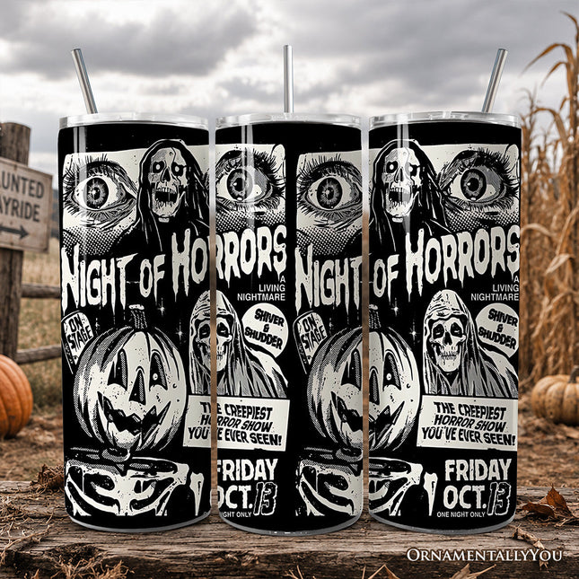 Night of Horrors Retro Halloween 20oz Personalized Tumbler With Lid and Stainless Steel Straw, Vintage Spooky Poster Gift Cup