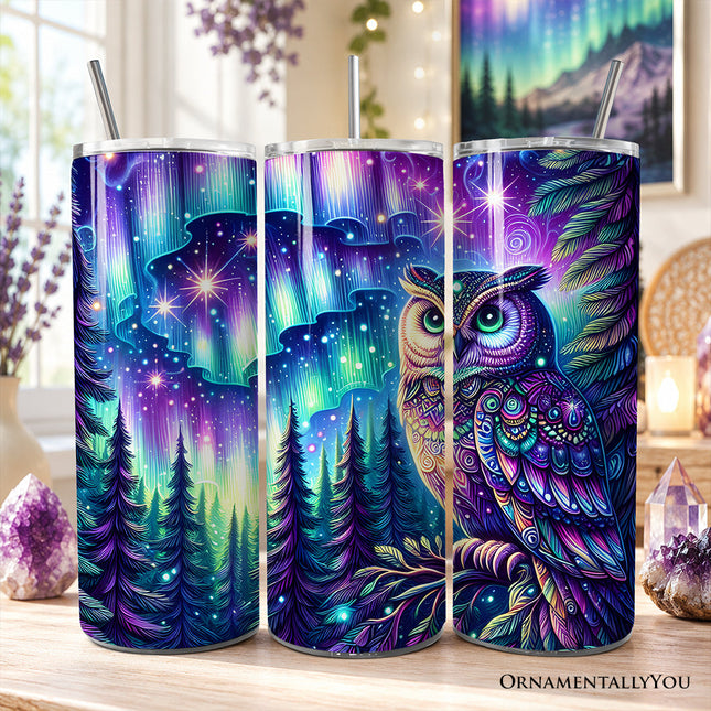 Northern Lights Aurora Owl 20oz Personalized Tumbler With Lid and Stainless Steel Straw, Magical Woodland Gift Cup