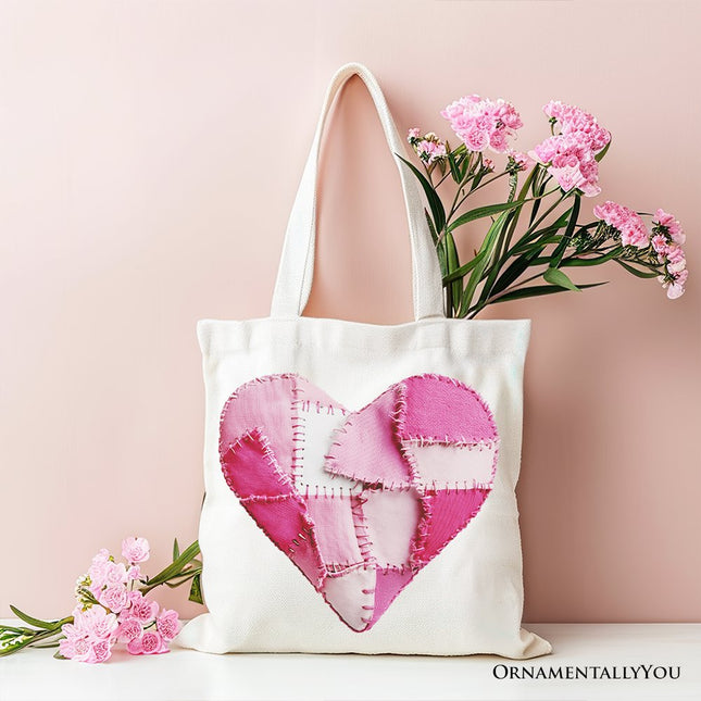 Patchwork-Style Pink Heart Canvas Tote Bag, Vintage Valentine Coquette Love Printed Gift Bag
