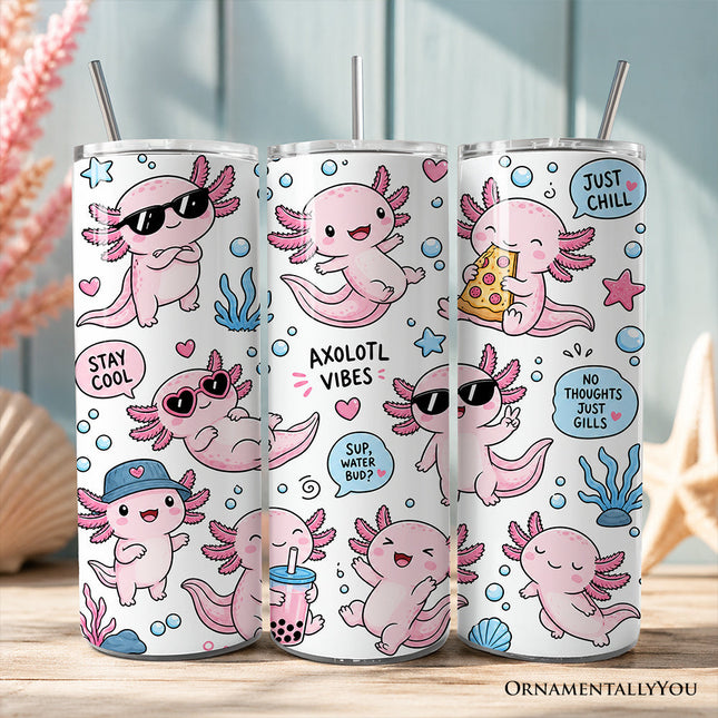 Pink Axolotl Vibe 20oz Personalized Tumbler With Lid and Stainless Steel Straw, Sea Animal Pattern Gift Cup