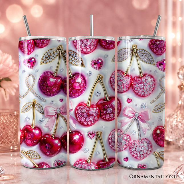 Pink Rhinestone Cherry Bow 20oz Personalized Tumbler With Lid and Stainless Steel Straw, Sparkly Valentine Coquette Gift Cup