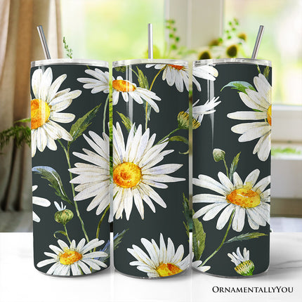 White Daisy Flower Pattern 20oz Personalized Tumbler With Lid and Stainless Steel Straw, Fresh Spring Floral Gift Cup