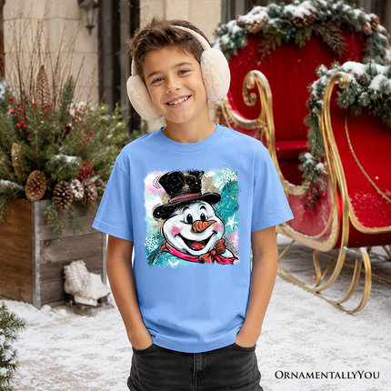 Kids Brushstroke Cute Snowman T-Shirt, Preppy Youth Merry Christmas Glitter Holiday Tee