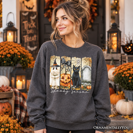 Fall Spooky Season Brushstroke Sweatshirt, Coquette Vintage Ghost, Cat and Pumpkin Sweater