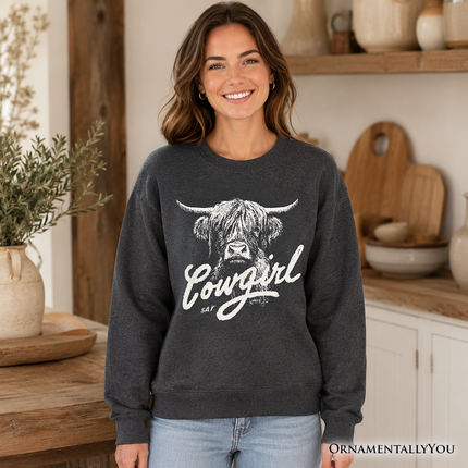 Highland Cow Vintage Cowgirl Sweatshirt, Western Country Sweater For Women