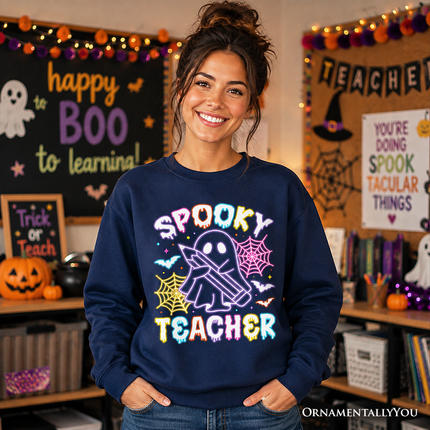 Spooky Teacher Neon Ghost Sweatshirt, Retro Halloween Sweater for Educators