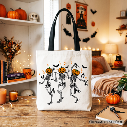 Dancing Skeletons with Pumpkin Head Tote Bag, Dry Bones Come Alive Halloween Fun Gift Shopper
