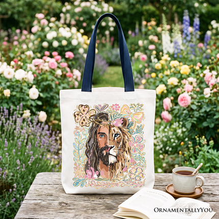 Lion of Judah Christian Tote Bag, Floral Jesus Religious Faith Gift Shopper