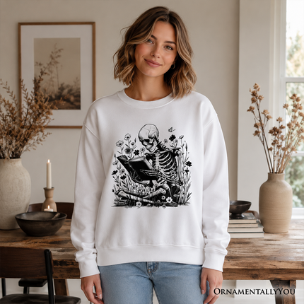Gothic Reading Skeleton Sweatshirt, Floral Halloween Sweater for Spooky Bookworms