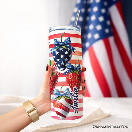 Berry Proud to Be an American 20oz Personalized Tumbler With Lid and Stainless Steel Straw, Patriotic Strawberry 4th of July Gift Cup