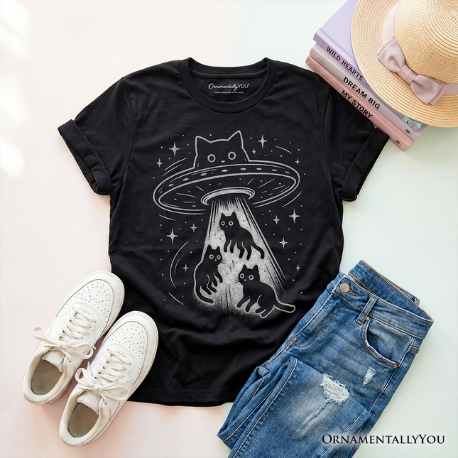 Kids Alien Cat Abduction T-Shirt, Funny Youth UFO Space Cats Cosmic Tee