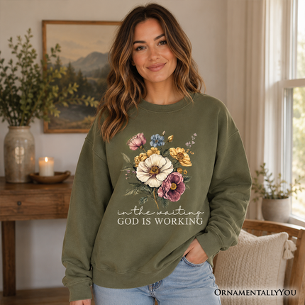 In the Waiting God Is Working Floral Christian Sweatshirt, Vintage Wildflower Faith Sweater