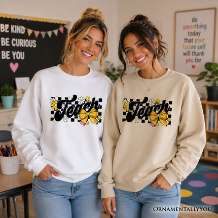 Teach Checkered Coquette Bow Sweatshirt, Retro Sweater for Trendy Teachers