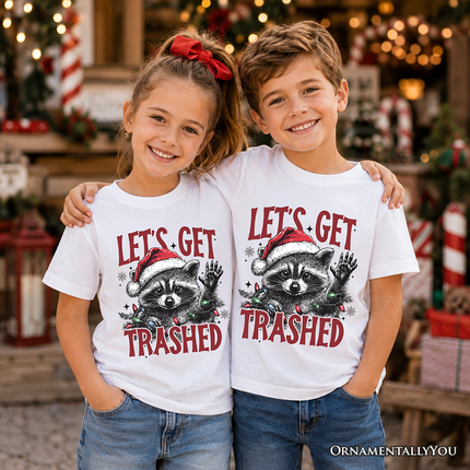 Kids Let's Get Trashed Christmas Raccoon T-Shirt, Funny Youth Tee