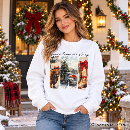Small Town Christmas Sweatshirt, Highland Cow Rustic Western Cowgirl Holiday Sweater