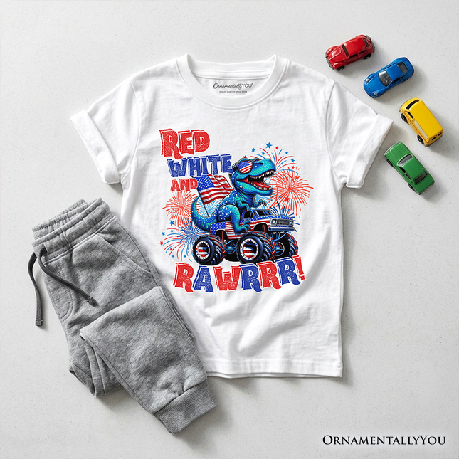 Kids Patriotic Dinosaur Monster Truck T-Shirt, Red White and Rawrr 4th of July Youth Tee