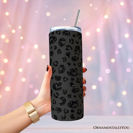 Black Glitter Leopard Print 20oz Personalized Tumbler With Lid and Stainless Steel Straw, Bold Animal Pattern Gift Cup