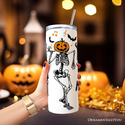 Dancing Skeletons with Pumpkin Head 20oz Personalized Tumbler With Lid and Stainless Steel Straw, Funny Dry Bones Come Alive Halloween Gift Cup