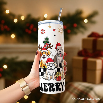 Funny Merry Woofmas 20oz Personalized Tumbler With Lid and Stainless Steel Straw, Dogs With Santa Hats Christmas Gift Cup