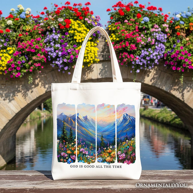 God Is Good All the Time Mountain Christian Canvas Tote Bag, Wildflower Brushstroke Bible Verse Faith Gift Shopper