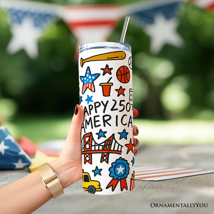 Happy 250 America Doodle 20oz Personalized Tumbler With Lid and Stainless Steel Straw, Patriotic USA 1776-2026 250th Anniversary Gift Cup