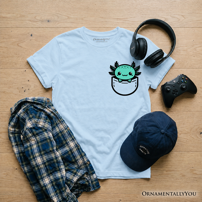 Kids Cute Pocket Blue Axolotl T-Shirt, Salamander Animal Tee for Youth