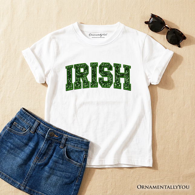 Kids Irish Sequin St Patrick's Day T-Shirt, Festive Green Glitter Imitation Tee for Youth