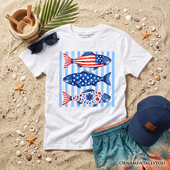 Kids Patriotic Fish Striped T-Shirt, 4th of July Beach Youth Tee