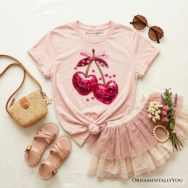 Kids Sequin Pink Cherry Heart Valentine T-Shirt, Mood for Love Coquette Tee for Youth Girls