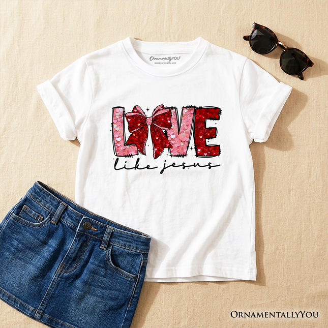 Love Like Jesus Kids Valentine T-Shirt, Coquette Bow Christian Hearts Tee for Youth