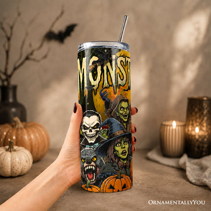 Monster Mash Horror 20oz Personalized Tumbler With Lid and Stainless Steel Straw, Retro Halloween Gift Cup