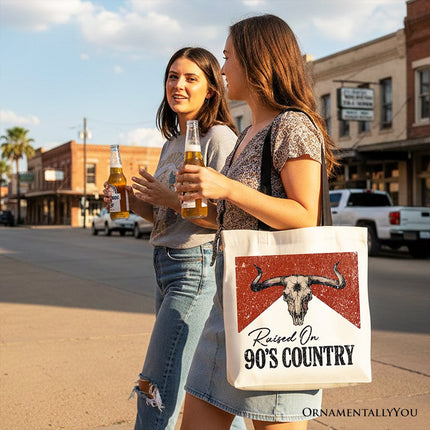Raised On 90s Country Tote Bag, Vintage Bull Skull Gift Shopper