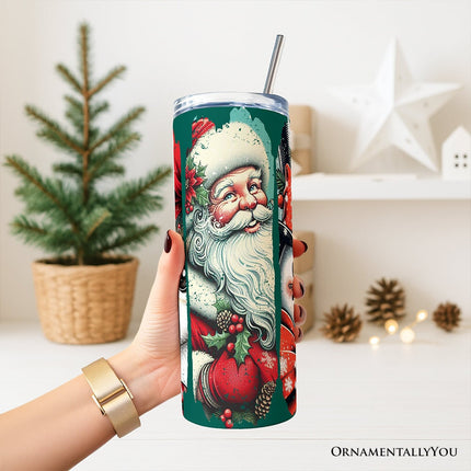 Vintage Tree, Reindeer, Santa and Snowman 20oz Personalized Tumbler With Lid and Stainless Steel Straw, Green Christmas Brushstrokes Gift Cup