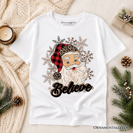Kids Believe Santa Buffalo Plaid T-Shirt, Retro Christmas Youth Tee