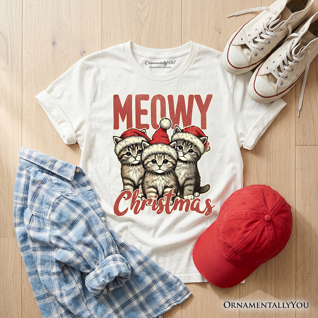 Kids Cute Meowy Christmas T-Shirt, Baby Cat In Santa Hat Holiday Youth Tee