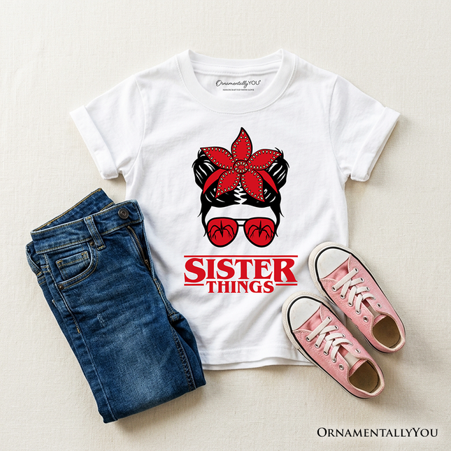 Kids Sister Things Messy Bun Retro T-Shirt, Red Bandana Glasses Family Matching Youth Tee
