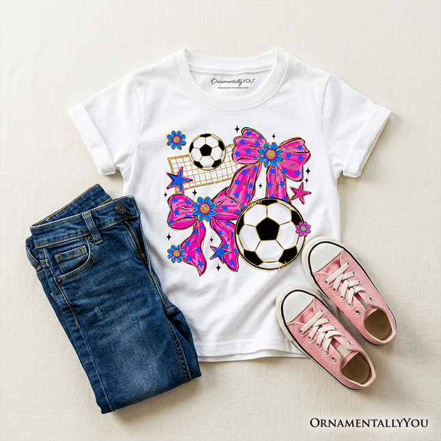 Kids Soccer Coquette Pink Bow T-Shirt, Preppy Game Day Tee for Youth Girls