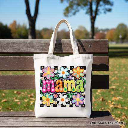 Retro Floral Mama Printed Faux Yarn Tote Bag, Colorful Mother's Day Gift Shopper