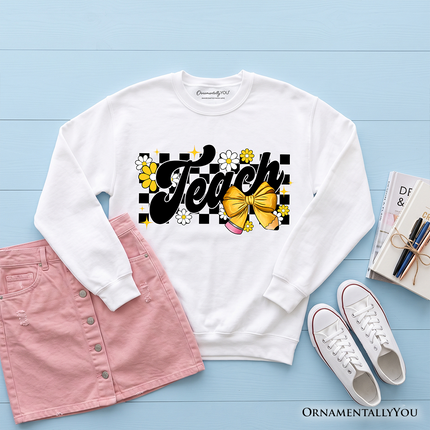 Teach Checkered Coquette Bow Sweatshirt, Retro Sweater for Trendy Teachers