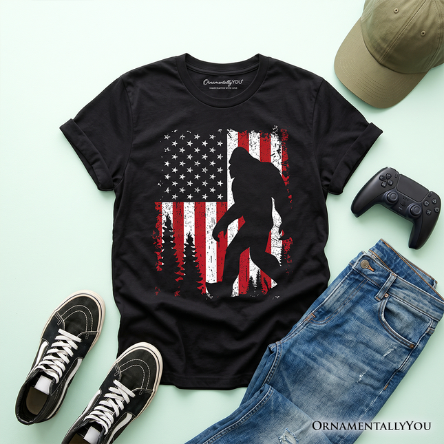 Kids Bigfoot American Flag T-Shirt, Youth Patriotic Sasquatch Tee