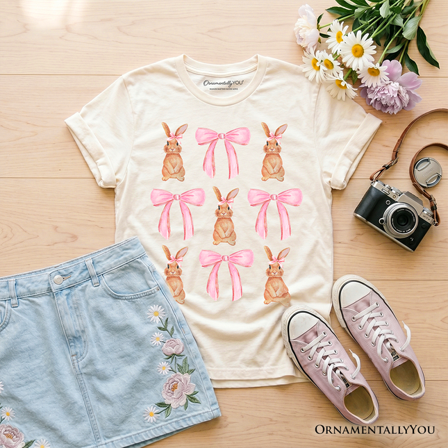Kids Coquette Bunny Pink Bow Easter T-Shirt, Cute Girly Bunny Spring Tee for Youth