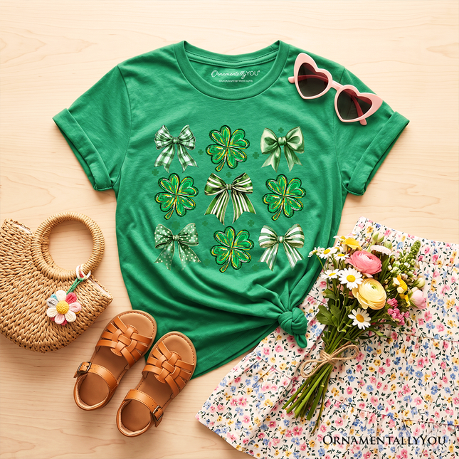 Kids Coquette Clover Bows St Patrick's Day T-Shirt, Green Irish Lucky Shamrock Tee for Youth