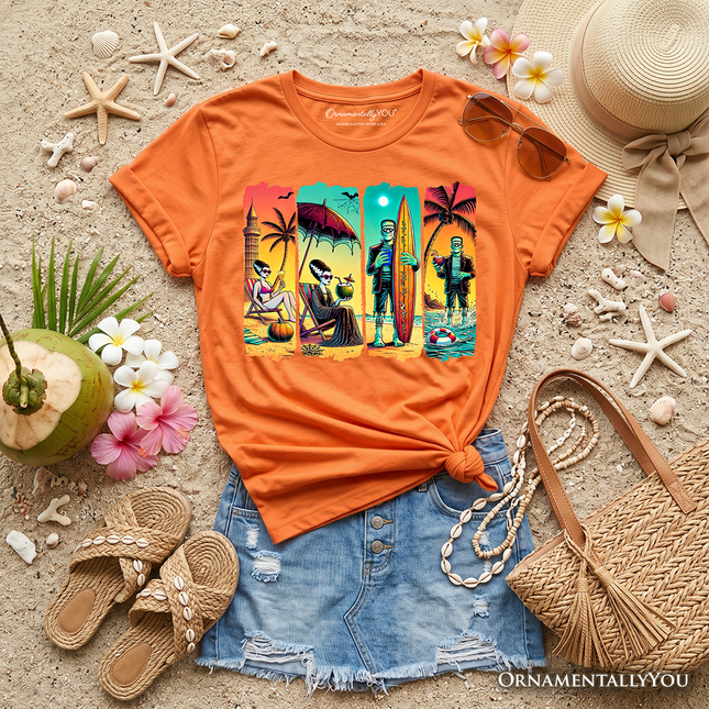 Kids Frankenstein's Beach Vacation T-Shirt, Retro Neon Surf Style Tee for Horror Youth Fans with Summer Vibes
