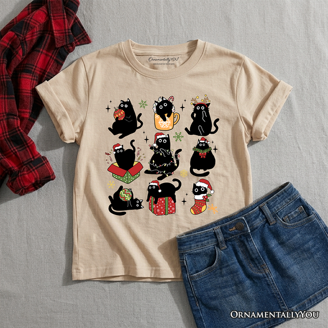 Kids Christmas Black Cats T-Shirt, Whimsical Cats with Santa Hat Youth Tee